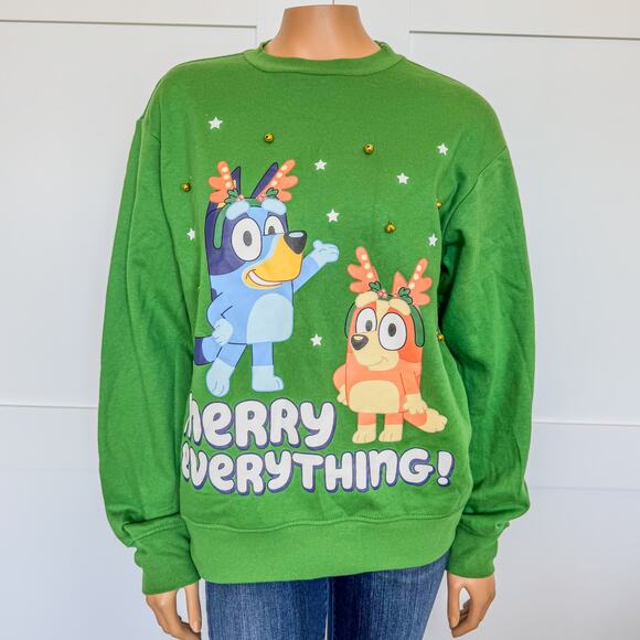 NWT-Bluey Christmas Crewneck Fleece Pullover Sweatshirt w Bells-Unisex SZ Small - Picture 3 of 7